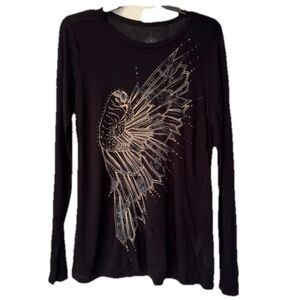 Key Closet War Bird Black Graphic Longsleeve Swarovski Crystals Women Size Small